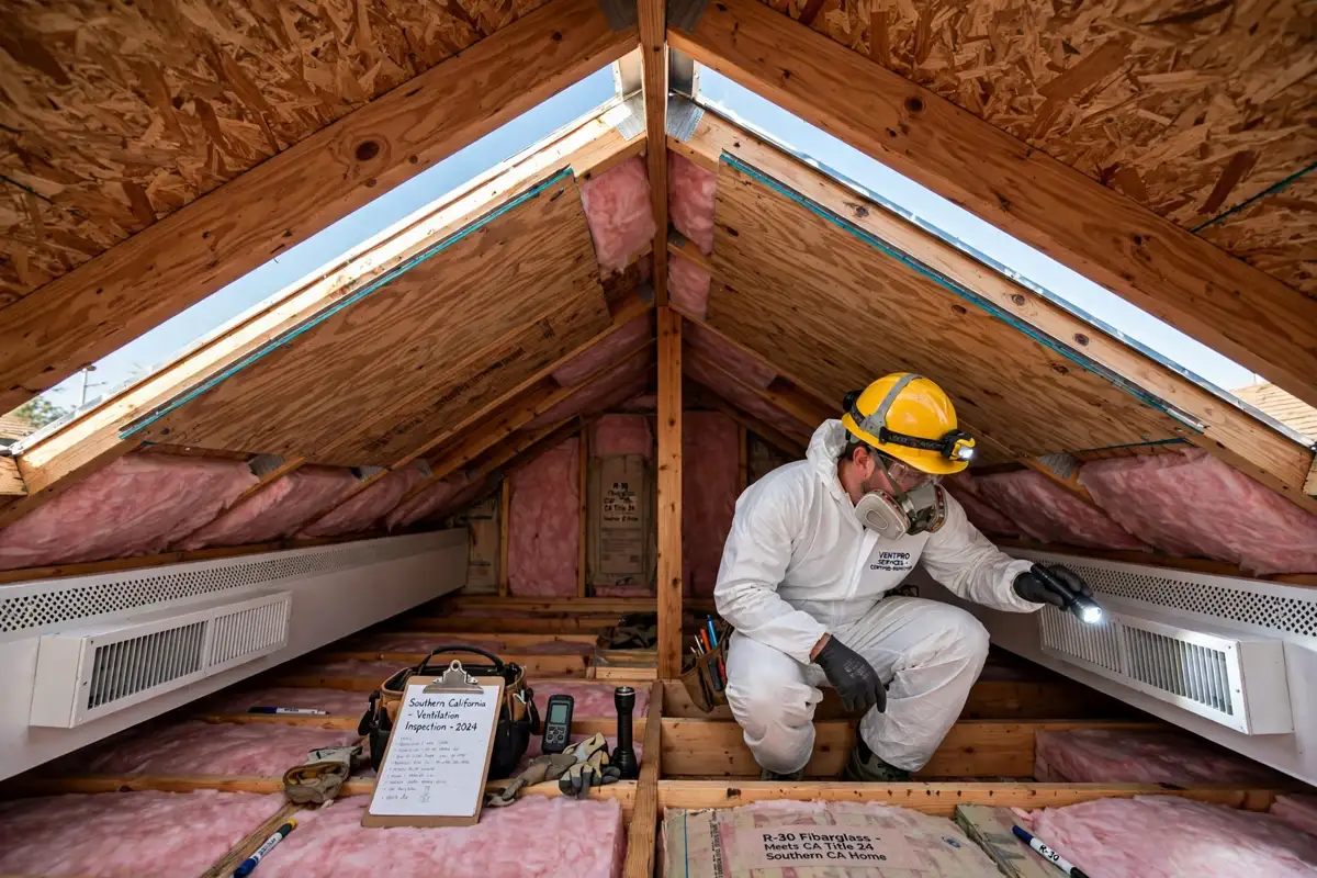 Attic ventilation work inside a home in Reseda, California