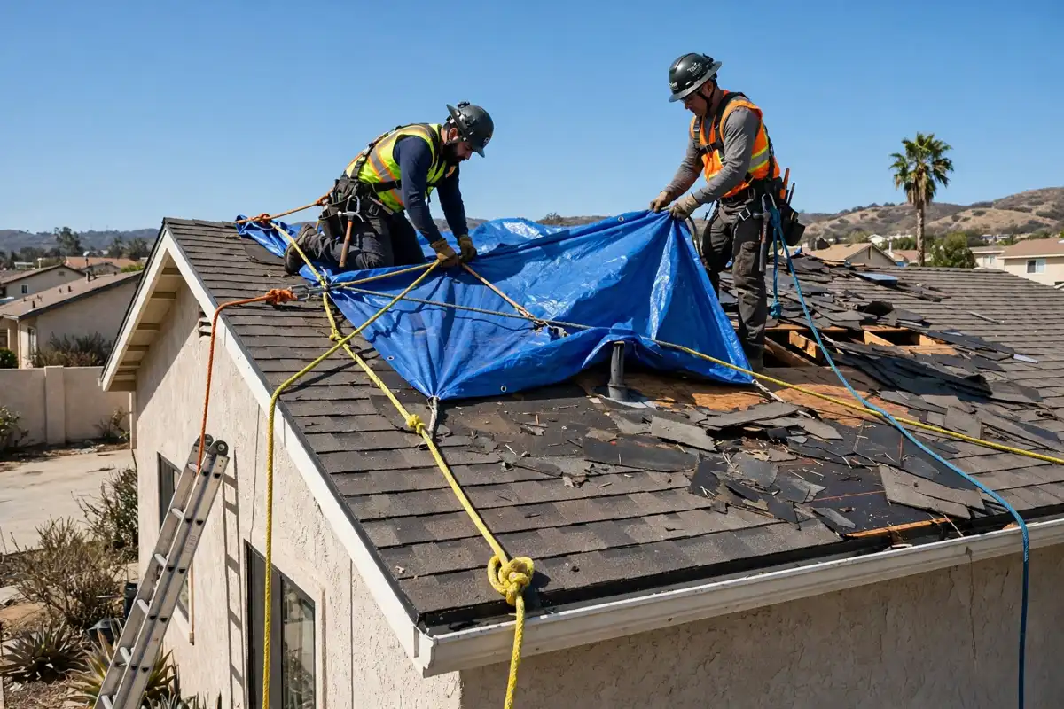 Emergency tarp over a leaking roof in West Hills, California