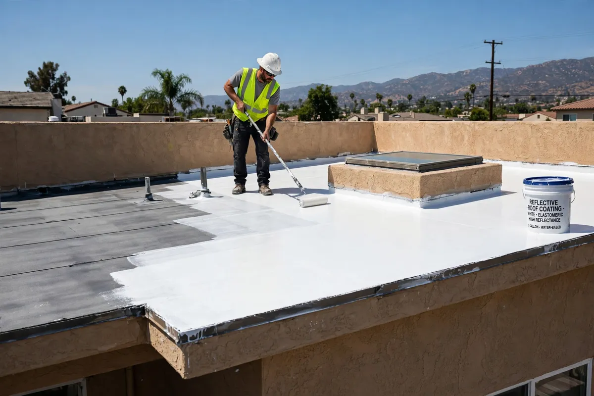 Coating work on a flat commercial roof in West Hills, California