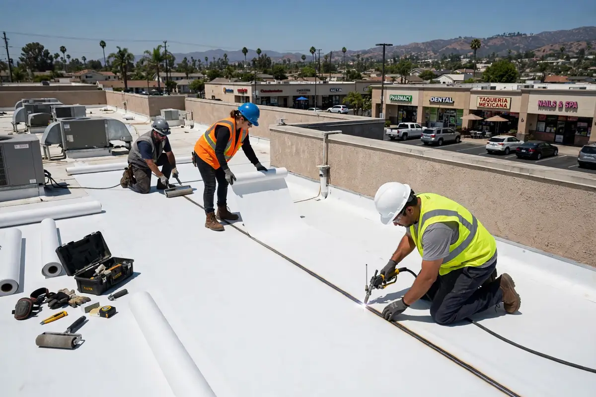 Workers installing white TPO membrane on a flat commercial roof in Fallbrook, California