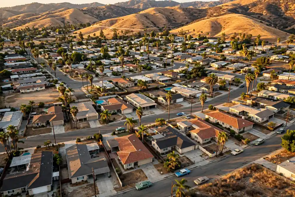 Aerial view of a 1960s tract neighbourhood in West Hills, California