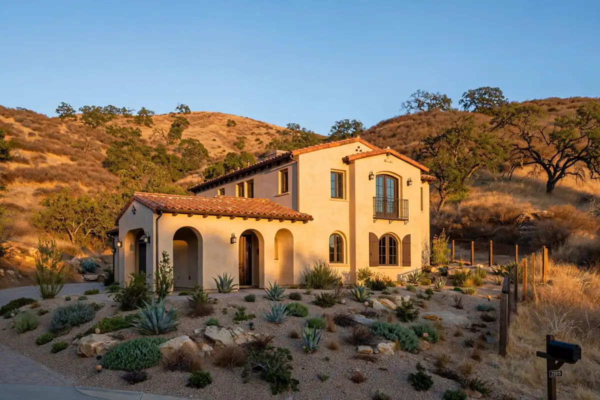 Hillside Mediterranean home with a tile roof at the wildland edge in West Hills, California