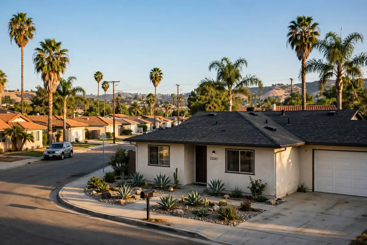 Re-roof work on a tract street in West Hills, California
