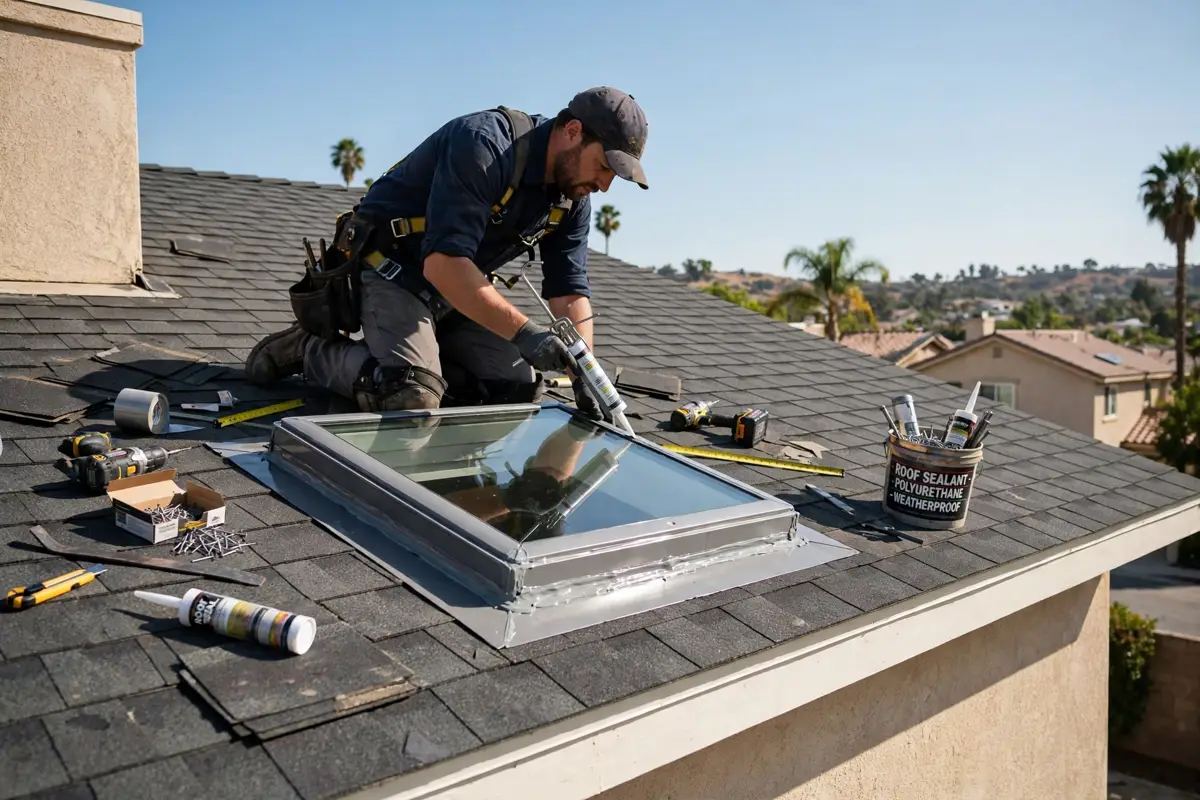 Skylight installation with new flashing on a shingle roof in Reseda, California