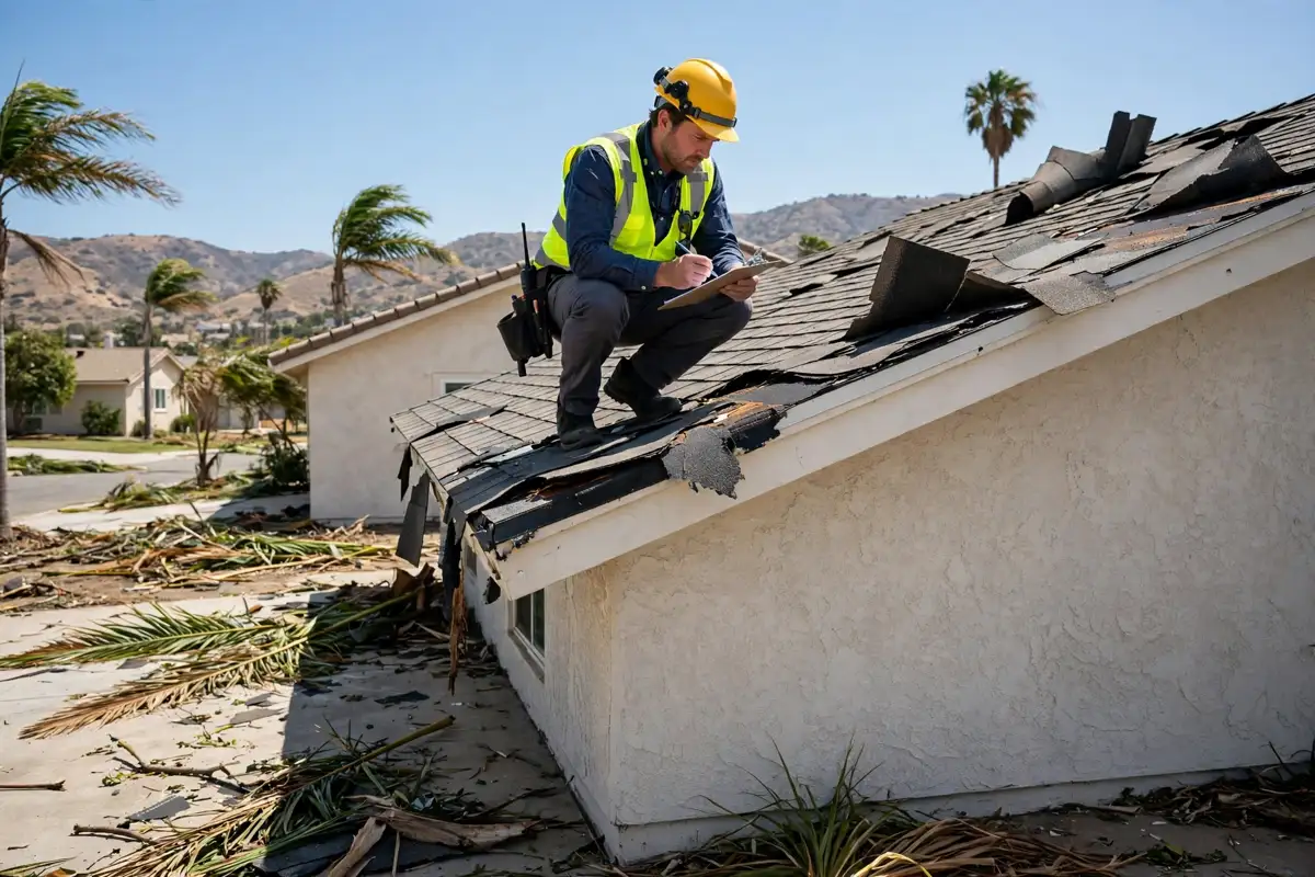 Inspection of wind-lifted shingles after Santa Ana wind in Northridge, California